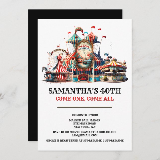 Convite Roda de carrossel de tenda de circo (Frente/Verso)