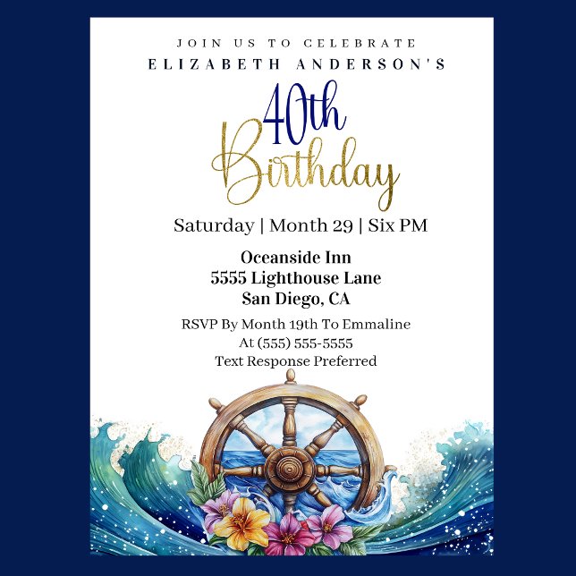 Convite Roda de Direção Náutica 40º Aniversário (Nautical sailing wheel 40th birthday invitation with ocean waves and tropical flowers
)