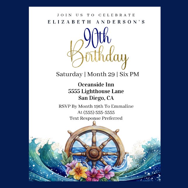 Convite Roda de Direção Náutica 90º Aniversário (Nautical sailing wheel ocean waves floral 90th birthday invitation in navy blue and gold
)
