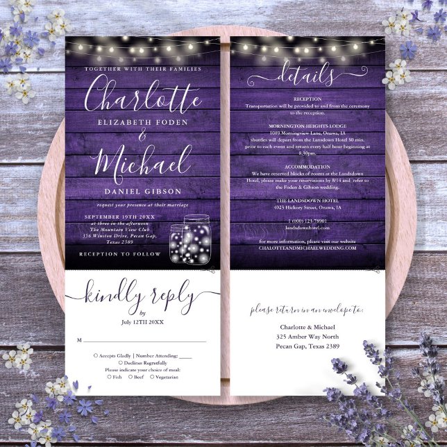 Convite Roda de Jarros de Mason de Madeira Roxa Luzes Tudo (Purple Wood Mason Jars Lights All In One Wedding Invitation)
