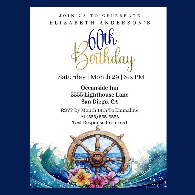 Convite Roda de Leme Náutico 60º Aniversário (Nautical sailing wheel ocean waves floral 60th birthday invitation in navy blue and gold
)