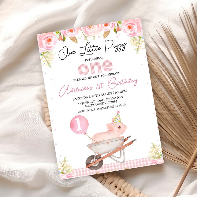 Convite Roda Floral Cor-de-rosa Pequeno primeiro aniversar (Pink Floral Little Piggy 1st Birthday Invitation Girl, Our Little Piggy First Birthday Invite, )