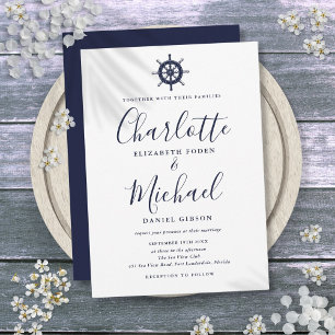 Convite Roda Náutica de Navio Azul Marinho Casamento
