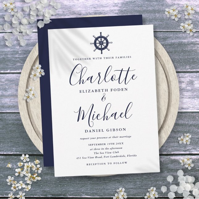 Convite Roda Náutica de Navio Azul Marinho Casamento (Nautical Ship Wheel Navy Blue Script Wedding Invitation)