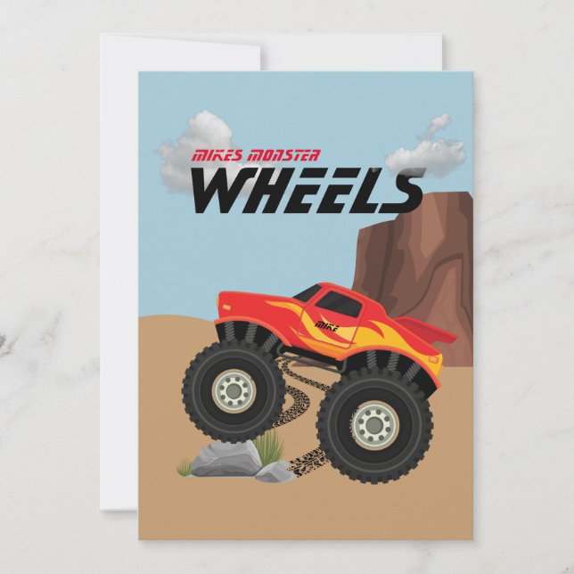 Convite Rodas monstruosas laranja, amarela, vermelha, conv (Frente)