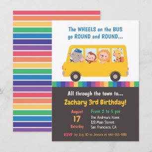 Convite Rodas no Ônibus Animais Fofos Festa de Aniversário