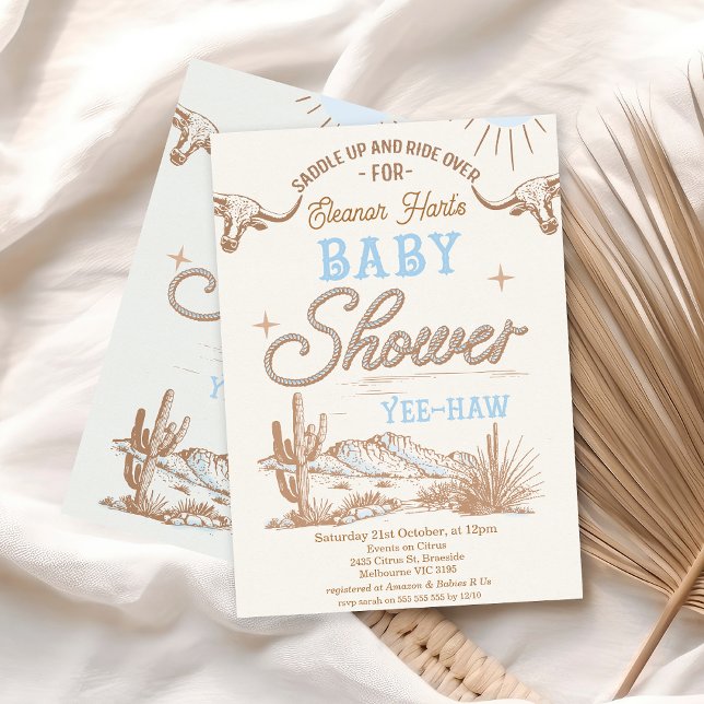 Convite Rodeo Blue Boys Rodeo Cowboy Chá de fraldas Ociden (Vintage Baby Blue Brown Rodeo Baby Shower Invitation Baby Boy, Rope Text, Longhorn Cow Western)
