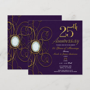 Convite Rojal Plum Roxo Dourado Diamante 25 25º Aniversári