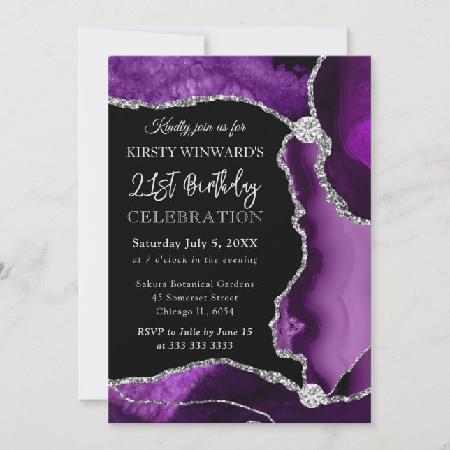 Convite Rojão de Aniversário de Ágata Brilho Falso Roxo e  (Frente)