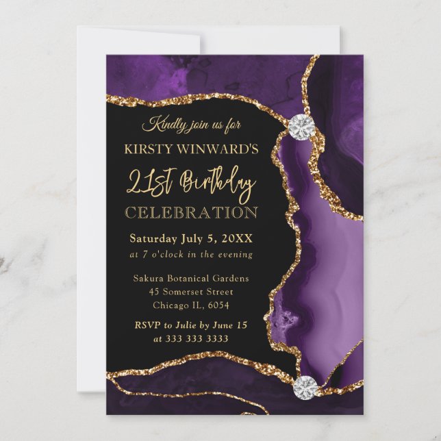 Convite Rojão de Aniversário Falso em Ágata Roxo e Dourado (Frente)