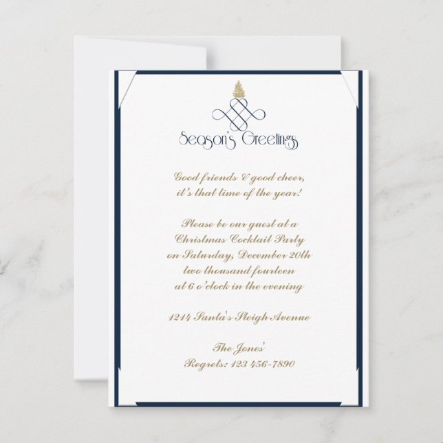 Convite Rolagem Azul com Pequena Árvore de Natal Dourada (Frente)