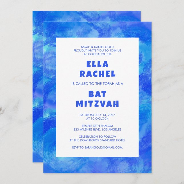 Convite Rolagem de Água Azul Bar Personalizado Bat Mitzvah (Frente/Verso)