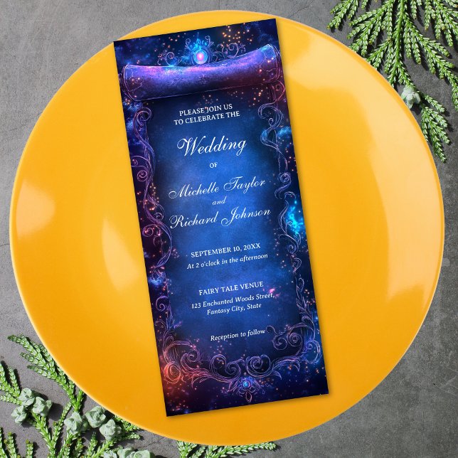 Convite Rolagem de Casamento de Letras de Fada de Mágica E (enchanted magic blue and purple scroll wedding invitation)