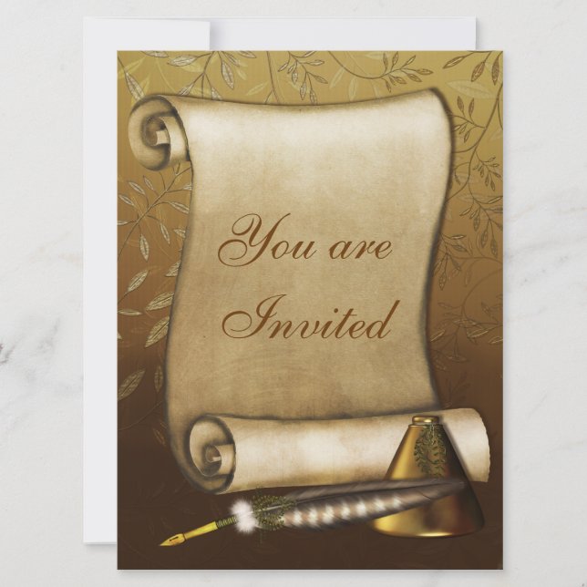 Convite Rolagem Elegante, Quill e Inkwell (Frente)