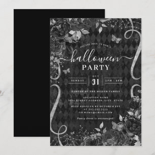 Convite Rolar Preto Escuro Floral Assustador Festa de Hall