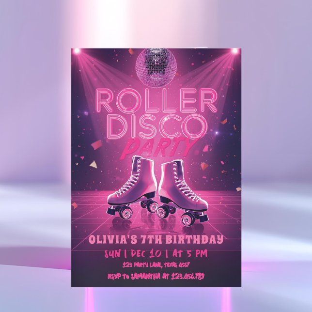 Convite Roller Disco Party Birthday Invitation | Neon Pink (Criador carregado)