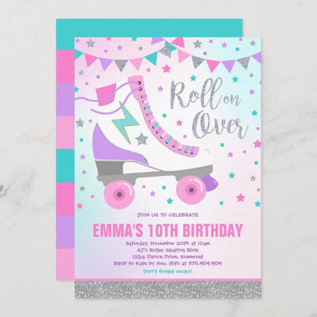 Convite Roller Skating Birthday Invitation Party (Frente/Verso)