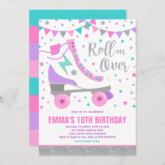 Convite Roller Skating Birthday Invitation Party (Frente/Verso)