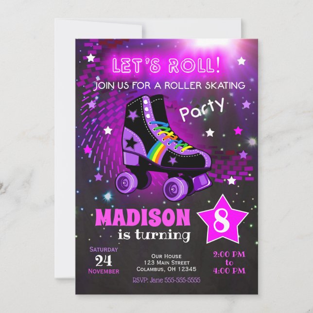 Convite Roller Skating Birthday Party Invitation / Neon (Frente)