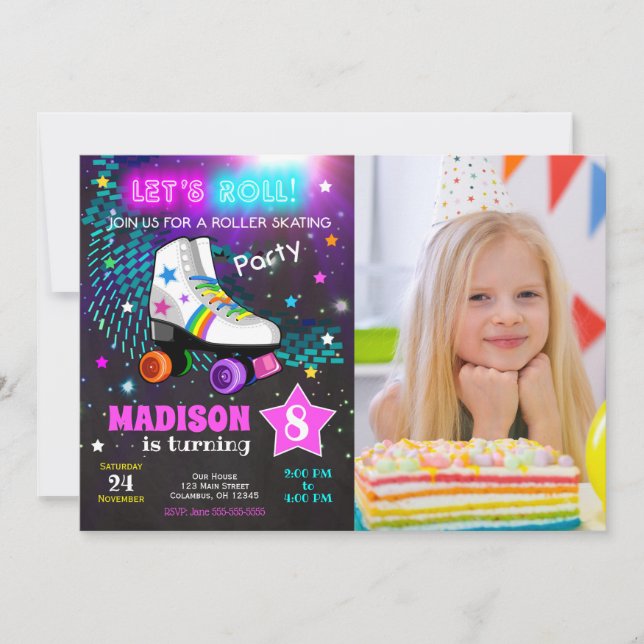 Convite Roller Skating Birthday Party Invitation / Neon (Frente)