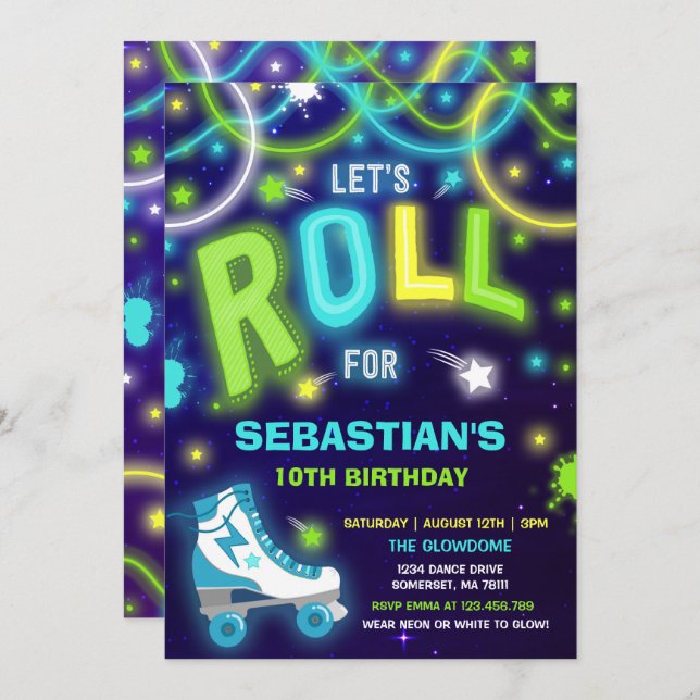 Convite Roller Skating Invitation Neon Glow Skating Party (Frente/Verso)