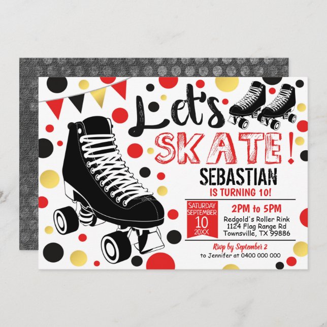 Convite Roller Skating Invitation Rollerskating Party Red (Frente/Verso)
