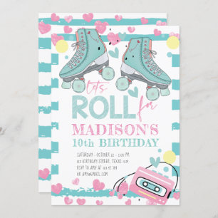 Convite Roller Skling Pastel Blue Pink Girl Aniversário