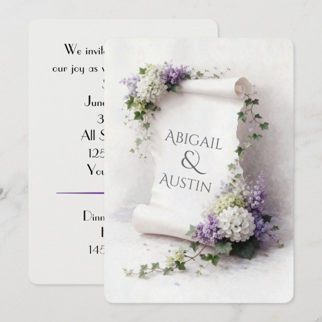Convite Rolo de Noiva Branco com Bordas Florais (Frente/Verso)