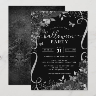 Convite Rolo Floral Preto Escuro Assustador Festa de Hallo
