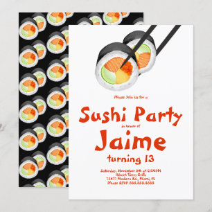 Convite Rolos de Sushi Aquarela Aniversário de Adolescente