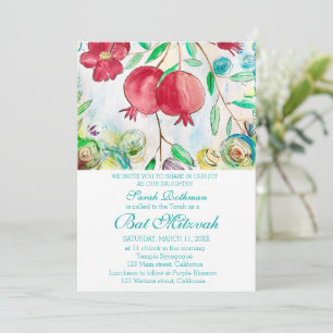 Convite Romã Elegante Floral Menina Judia Bat Mitzvah
