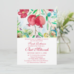 Convite Romã Elegante Floral Menina Judia Bat Mitzvah