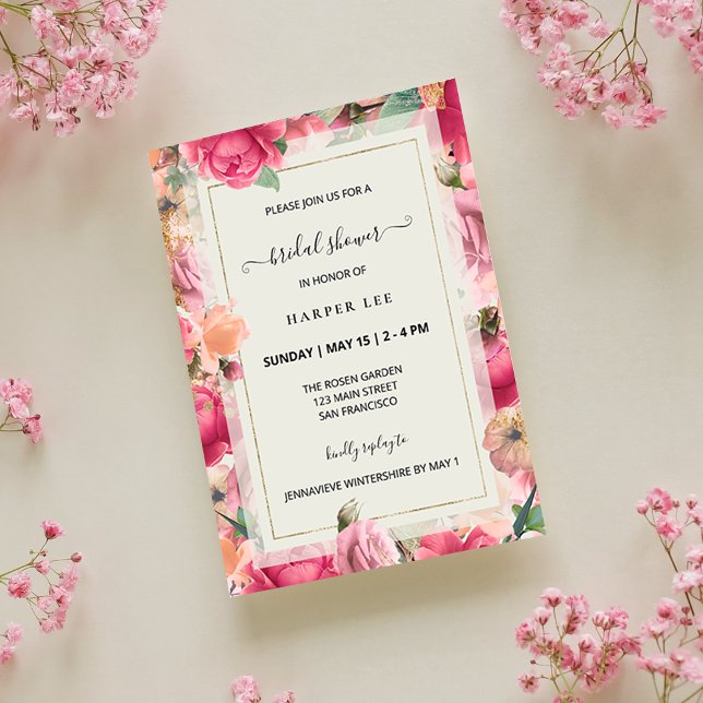 Convite Romance Blush Roses Rosa Chá de panela do Jardim (Romance Blush Pink Roses Gold Frame Modern Floral Garden Bridal Shower Invitation)