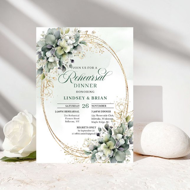 Convite Romance Boêmio Jantar de Ensaios Verde Dourado  (Bohemian Romance Rehearsal Dinner Greenery Gold Invite)
