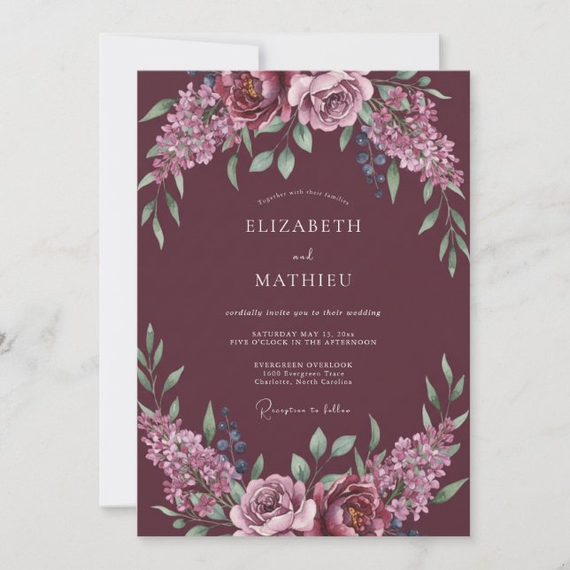 Convite Romance Casamento com Grinalda Floral Borgonha (Frente)