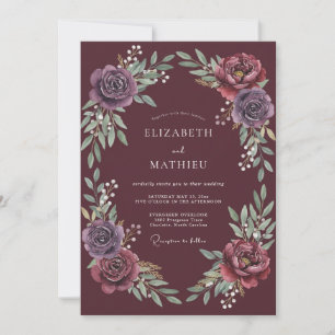 Convite Romance Casamento Coroa Floral Borgonha