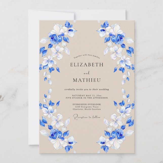 Convite Romance Casamento Flor de Azul Cobalto (Frente)