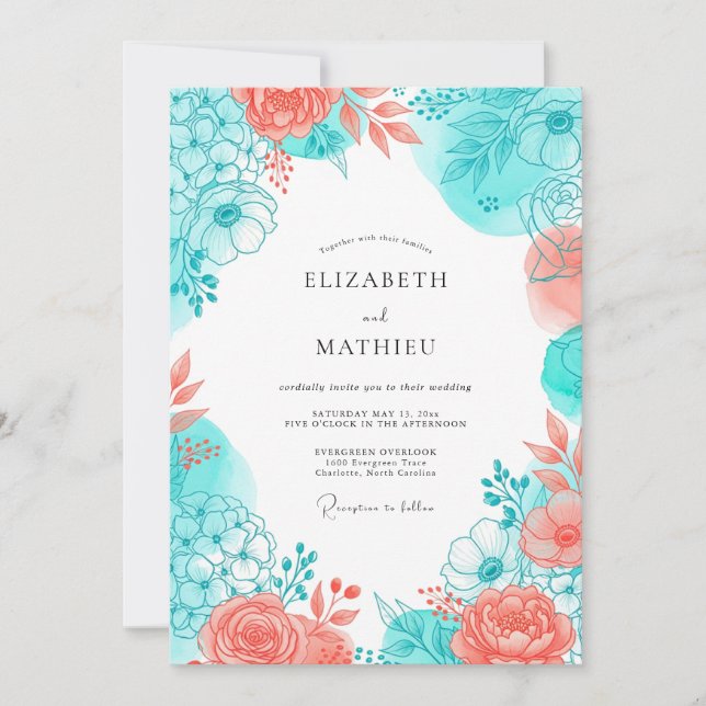 Convite Romance Casamento Flor de Coral Azul (Frente)