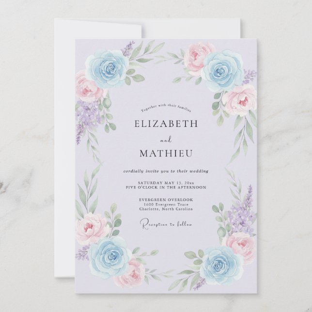 Convite Romance Casamento Flor de Lilás Azul (Frente)