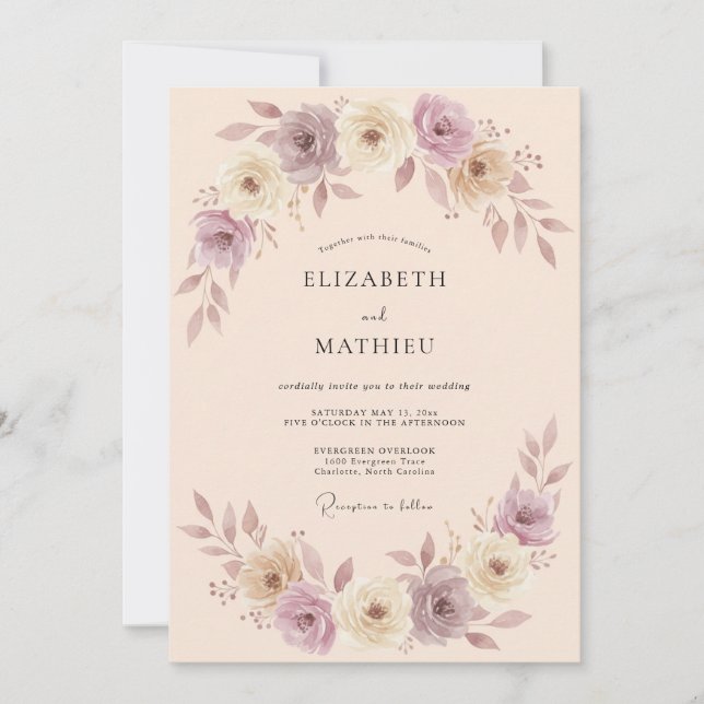 Convite Romance Casamento Flor de Mauve Suave (Frente)