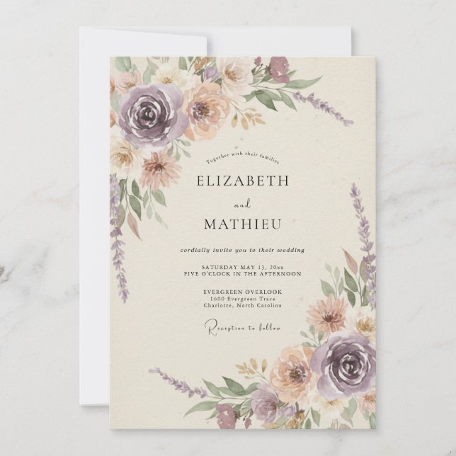 Convite Romance Casamento Flor de Pêssego Lilás (Frente)