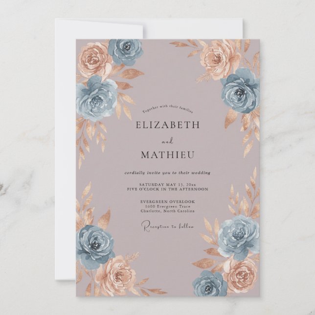 Convite Romance Casamento Flor de Pessegueiro Azul (Frente)