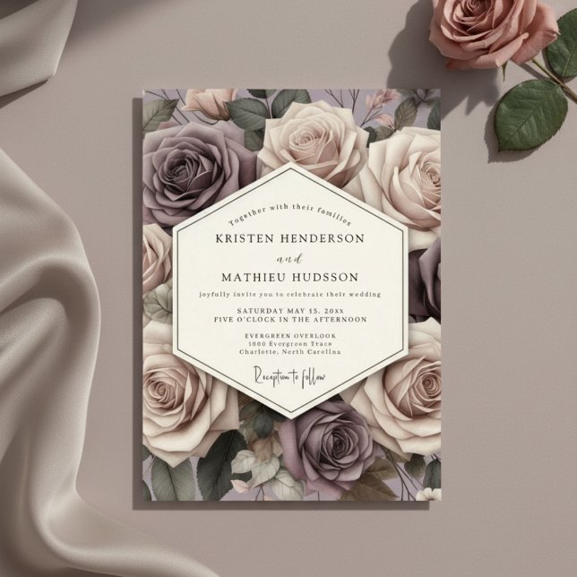 Convite Romance Casamento Flor de Rosa Malva (Criador carregado)