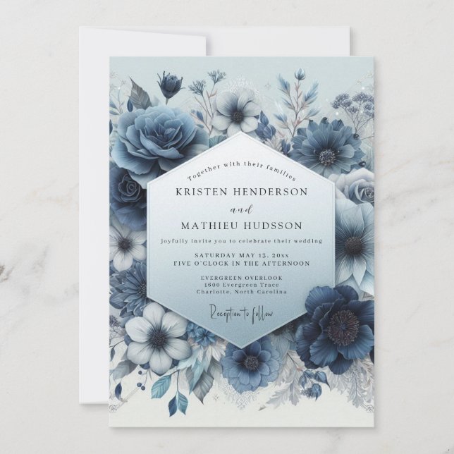 Convite Romance Casamento Flor Slate Azul (Frente)