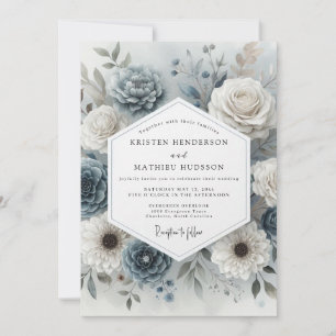 Convite Romance Casamento Flor Slate Azul