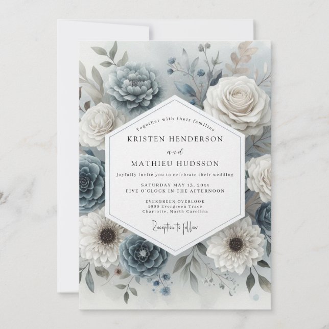 Convite Romance Casamento Flor Slate Azul (Frente)