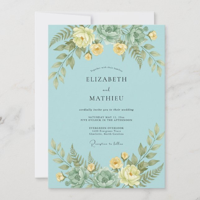 Convite Romance Casamento Flor Teal Verdejante (Frente)