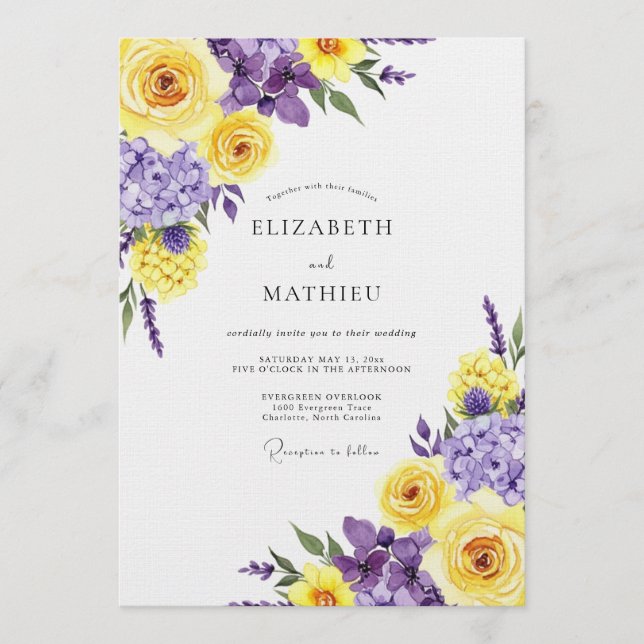 Convite Romance Casamento Florada Roxo Amarelo (Frente)