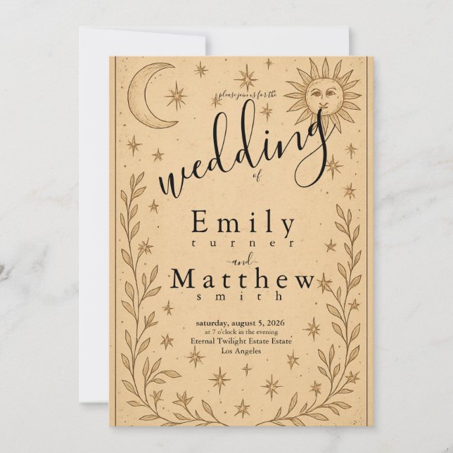 Convite Romance Celestial - Lua e Design Sol (Frente)