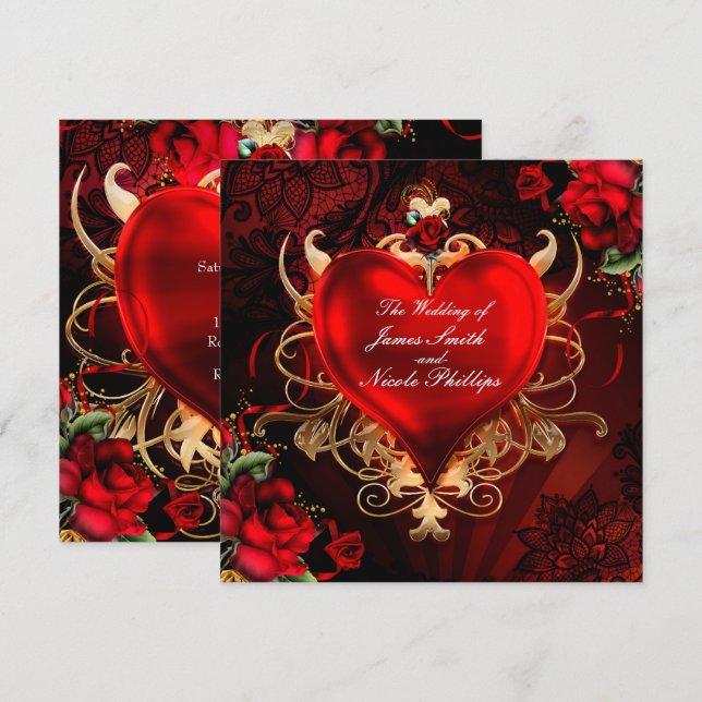 Convite Romance de Amor Gótico Coração Casamento Vermelho  (Frente/Verso)